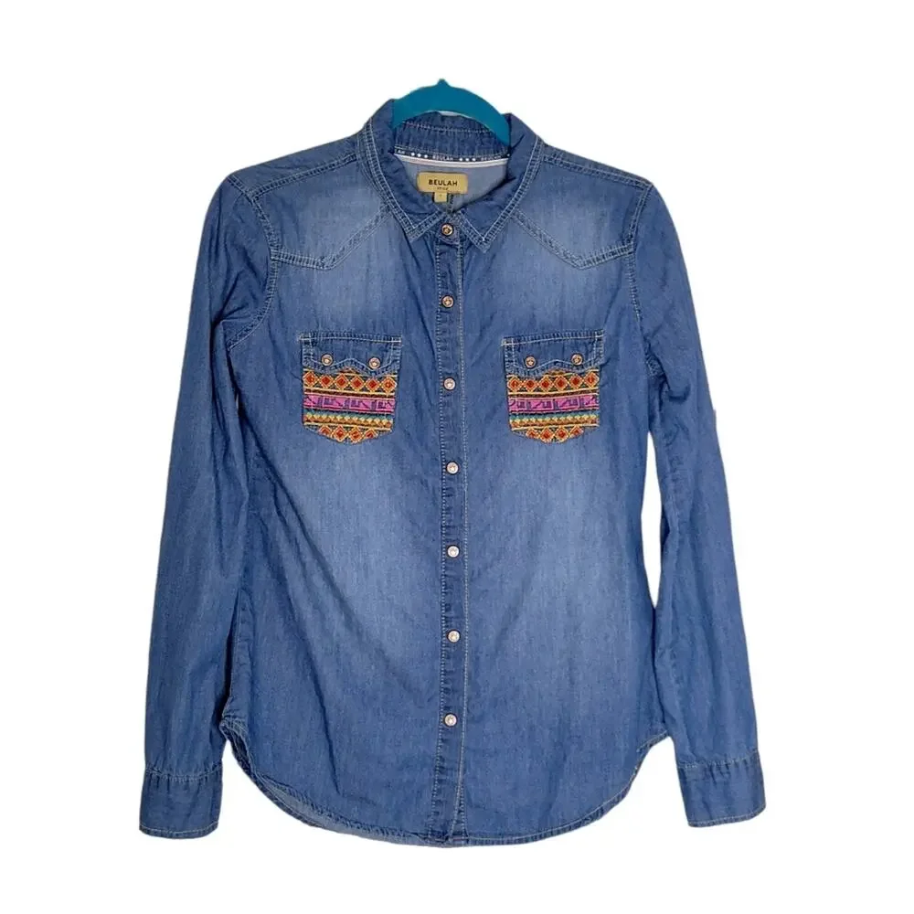 Beulah Embroidered Chambray Denim Button Up Shirt Size Small - Picture 1 of 7
